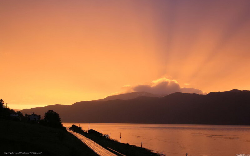 Sunset over Mountains — Orange, Serene, Photograph, Road, Water
