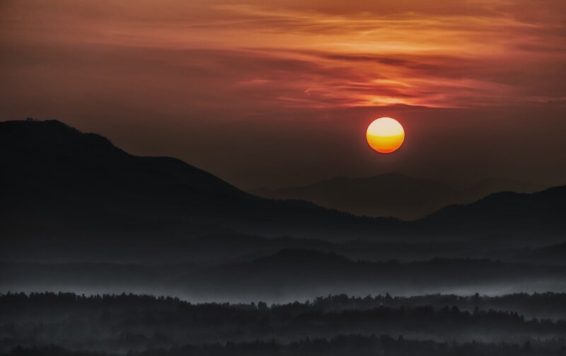 Sunset over Mountains — Orange, Serene, Photograph, Sun