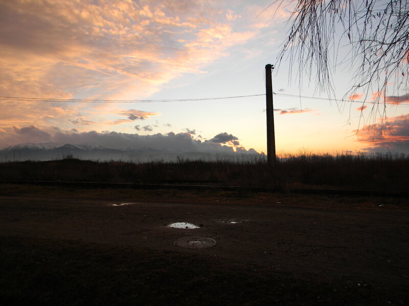Sunset over Mountains — Orange, Serene, Photograph, Telephone Pole