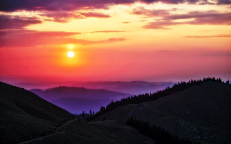 Sunset over Mountains — Purple, Dramatic, Photograph, Sun