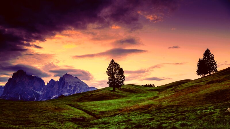 Sunset over Mountains — Purple, Dramatic, Photograph, Trees