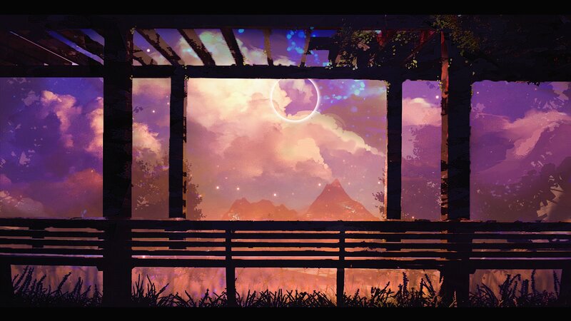 Sunset over Mountains — Purple, Serene, Digital Art, Moon