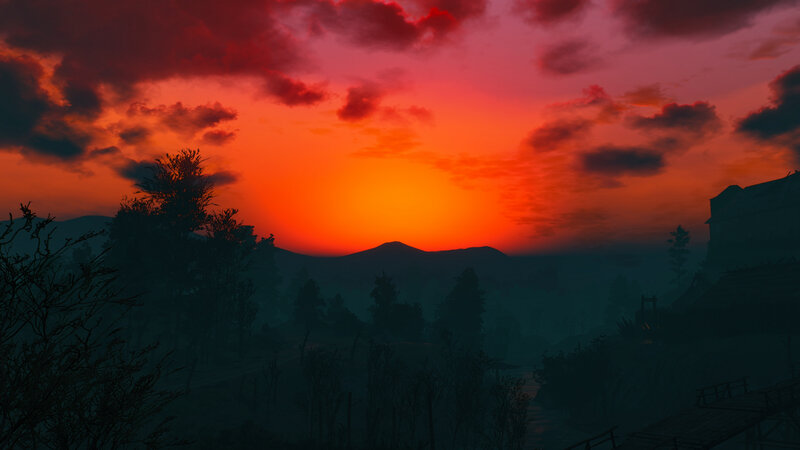 Sunset over Mountains — Red, Dramatic, 3d Render
