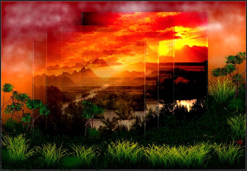 Sunset over Mountains — Red, Dramatic, Digital Art, River