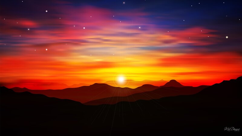 Sunset over Mountains — Red, Dramatic, Digital Art, Sun, Stars