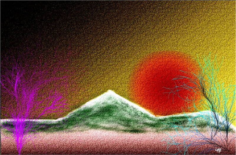 Sunset over Mountains — Red, Dramatic, Digital Art, Sun