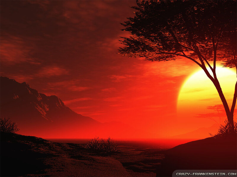 Sunset over Mountains — Red, Dramatic, Digital Art