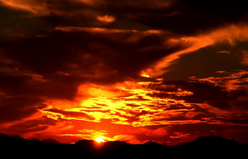 Sunset over Mountains — Red, Dramatic, Photograph, Clouds, Orange