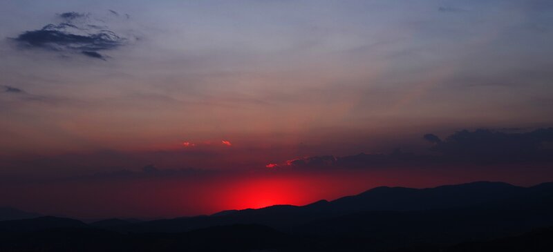 Sunset over Mountains — Red, Dramatic, Photograph, Sky, Clouds