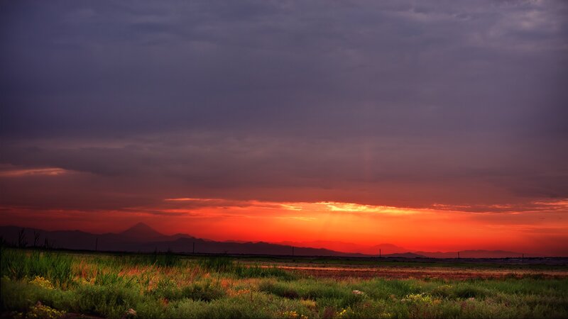 Sunset over Mountains — Red, Dramatic, Photograph, Sky, Grass