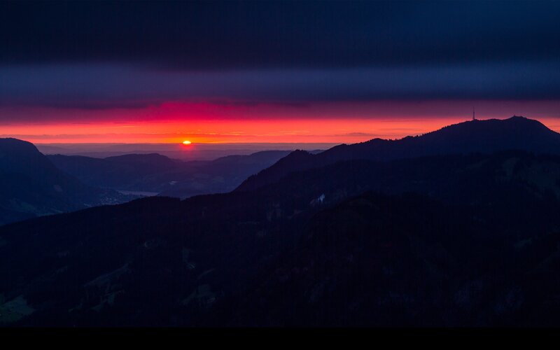 Sunset over Mountains — Red, Dramatic, Photograph, Sun, Sky, Purple, Black