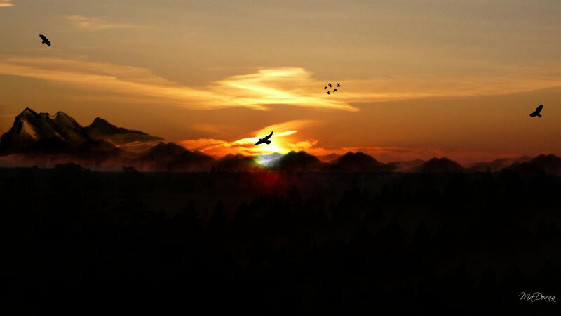 Sunset over mountains with birds