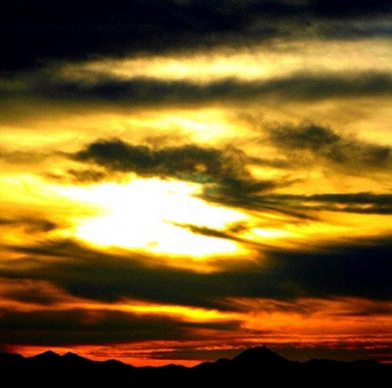 Sunset over Mountains — Yellow, Dramatic, Photograph, Clouds, Orange