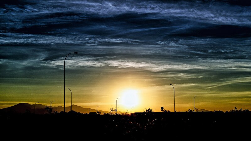 Sunset over Mountains — Yellow, Dramatic, Photograph, Streetlights