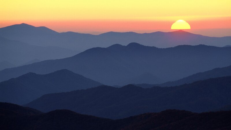 Sunset over Mountains — Yellow, Serene, Photograph, Sun