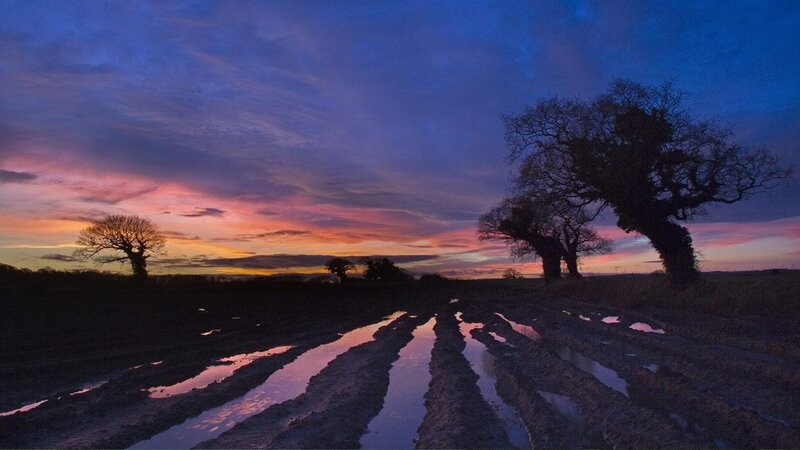 Sunset over muddy field