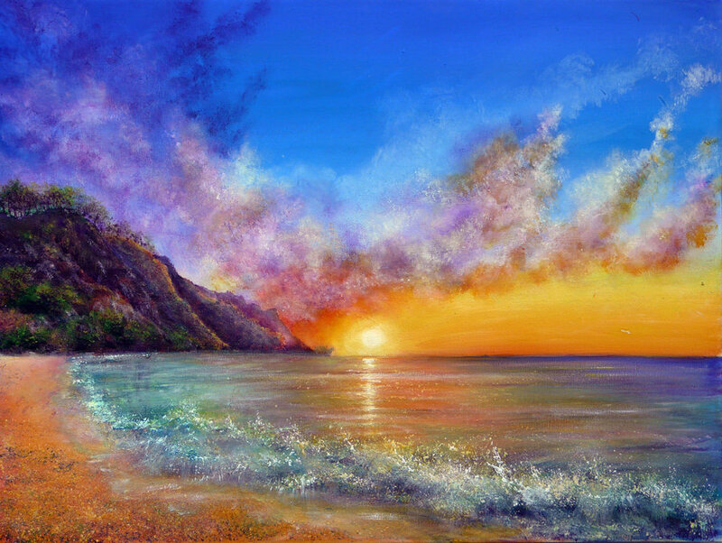Sunset over Ocean Beach — Blue, Dramatic, Painting