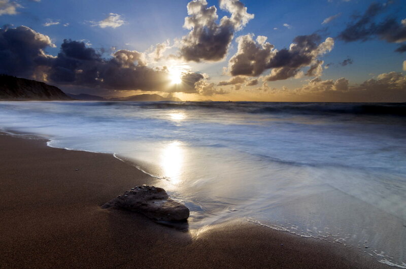 Sunset over Ocean Beach — Blue, Dramatic, Photograph, Clouds, Sand