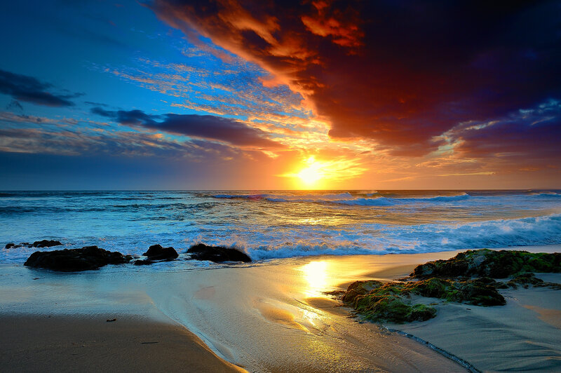 Sunset over Ocean Beach — Blue, Dramatic, Photograph