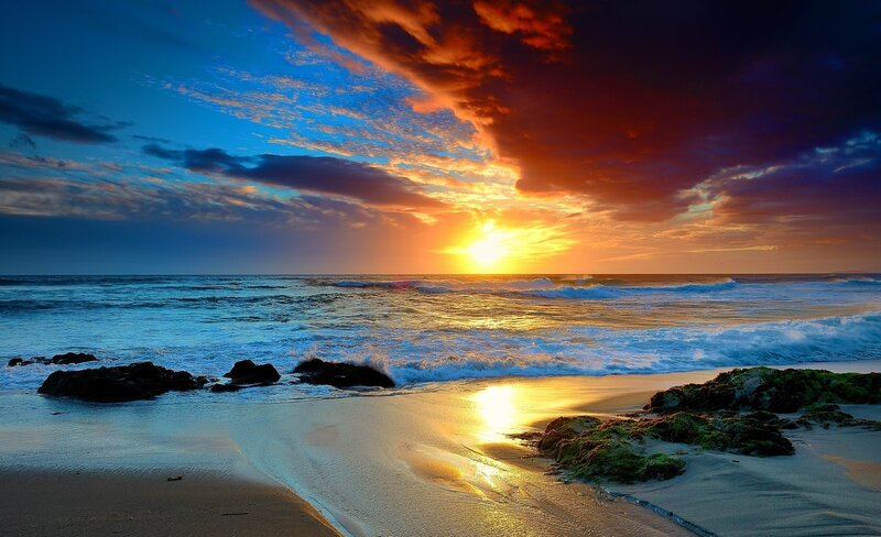 Sunset over Ocean Beach — Blue, Dramatic, Photograph, Waves