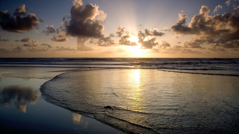 Sunset over Ocean Beach — Blue, Serene, Photograph, Clouds, Sand