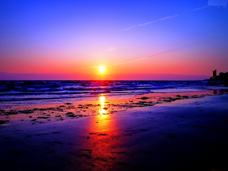 Sunset over Ocean Beach — Blue, Serene, Photograph, Lighthouse