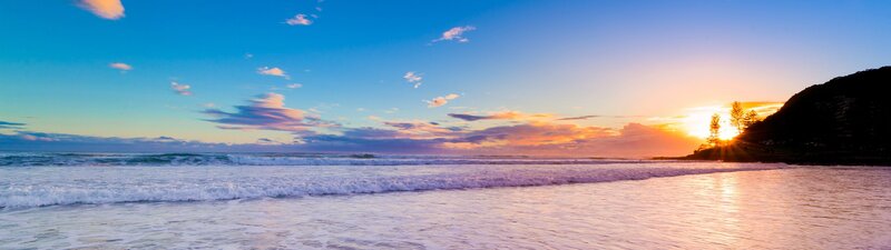 Sunset over Ocean Beach — Blue, Serene, Photograph, Sky, Trees