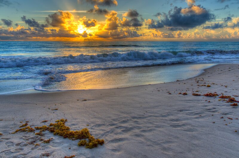 Sunset over Ocean Beach — Blue, Serene, Photograph, Waves