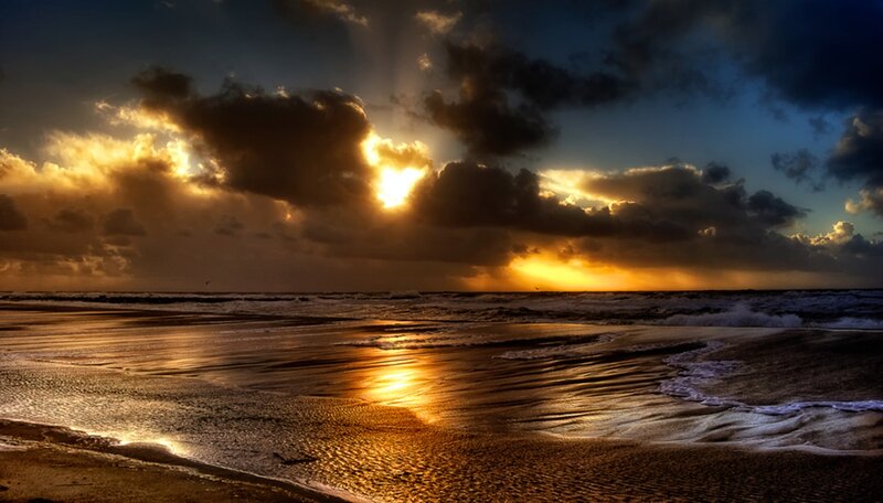 Sunset over Ocean Beach — Gold, Dramatic, Photograph