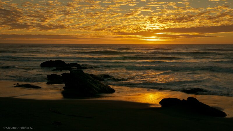 Sunset over Ocean Beach — Gold, Serene, Photograph, Rocks