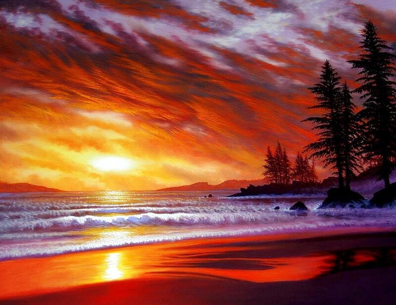 Sunset over Ocean Beach — Orange, Dramatic, Painting