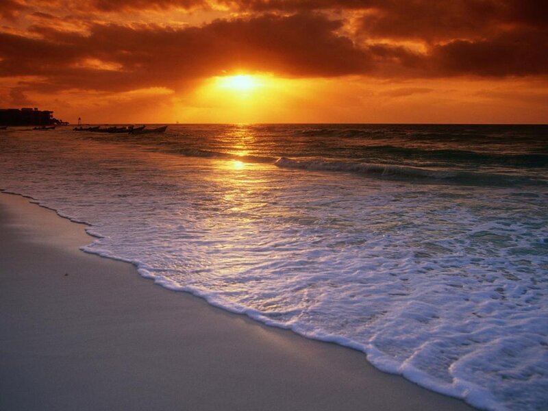 Sunset over Ocean Beach — Orange, Dramatic, Photograph, Boats, Clouds