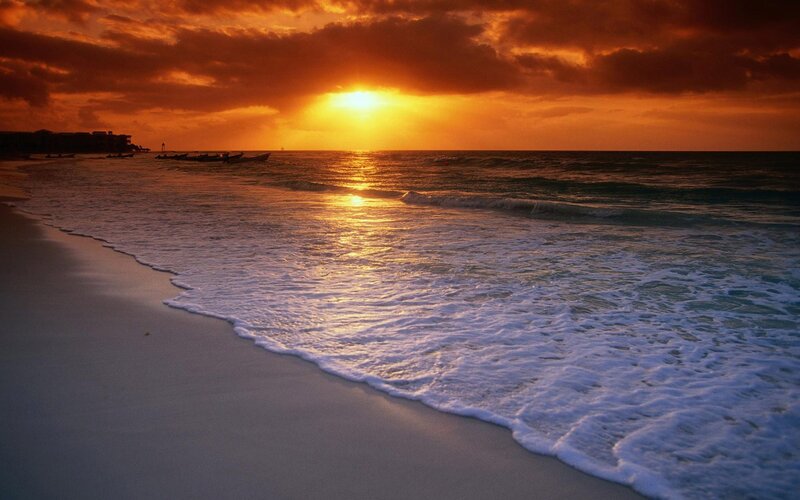 Sunset over Ocean Beach — Orange, Dramatic, Photograph, Boats, Clouds, Yellow