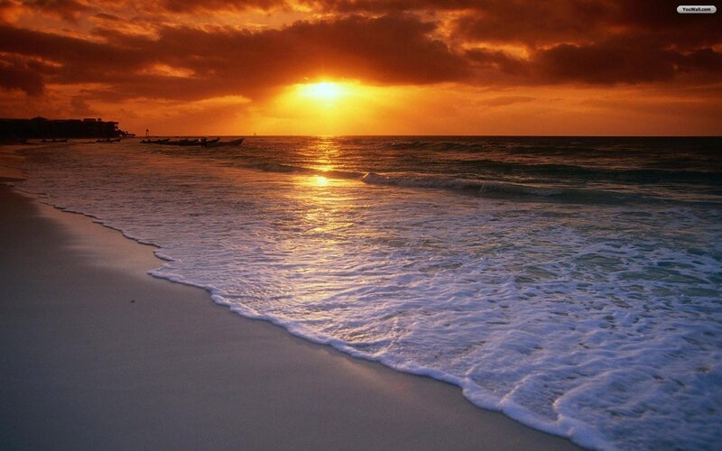 Sunset over Ocean Beach — Orange, Dramatic, Photograph, Boats