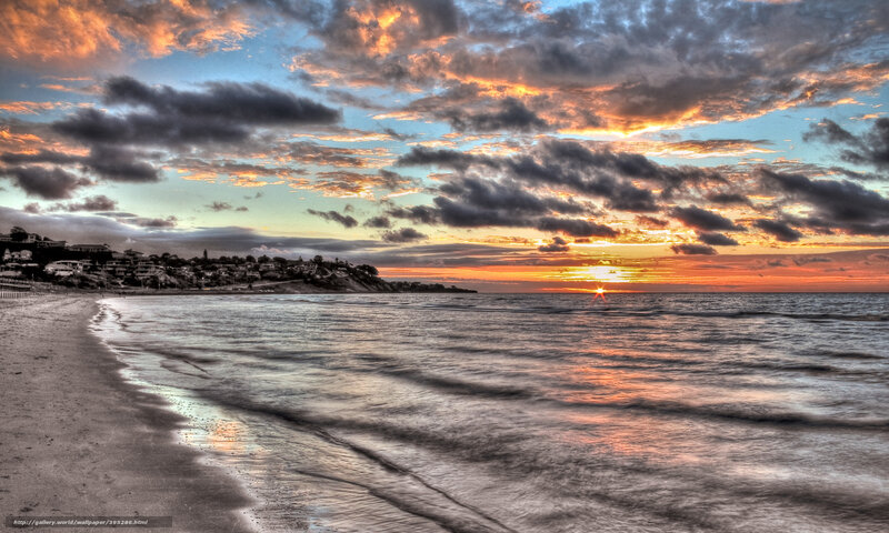 Sunset over Ocean Beach — Orange, Dramatic, Photograph, Clouds, Houses, Sea