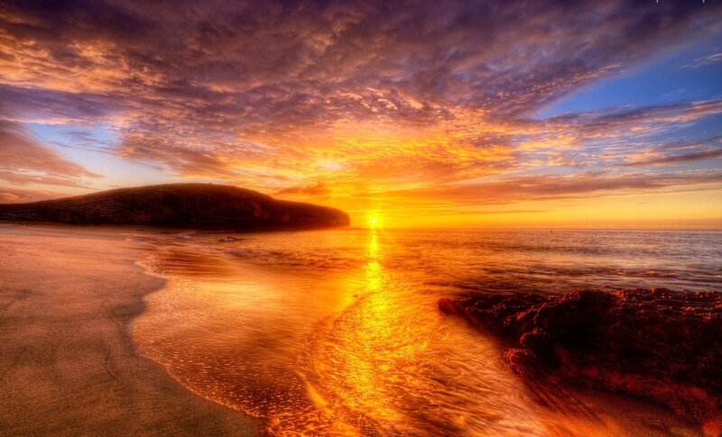 Sunset over Ocean Beach — Orange, Dramatic, Photograph, Clouds, Island