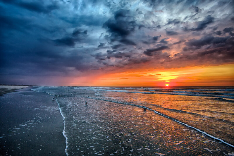 Sunset over Ocean Beach — Orange, Dramatic, Photograph, Clouds, Sand, Birds