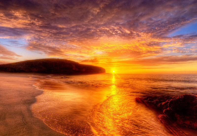 Sunset over Ocean Beach — Orange, Dramatic, Photograph, Clouds, Sand, Cliff