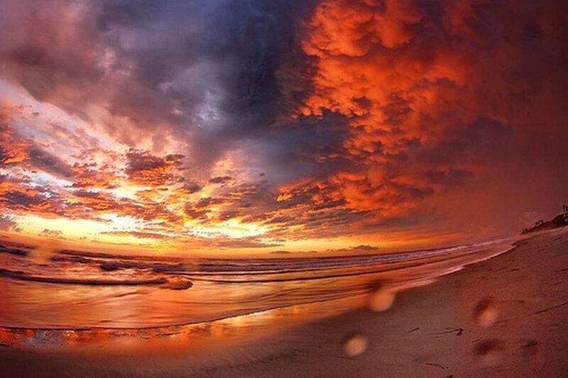 Sunset over Ocean Beach — Orange, Dramatic, Photograph, Clouds, Sand