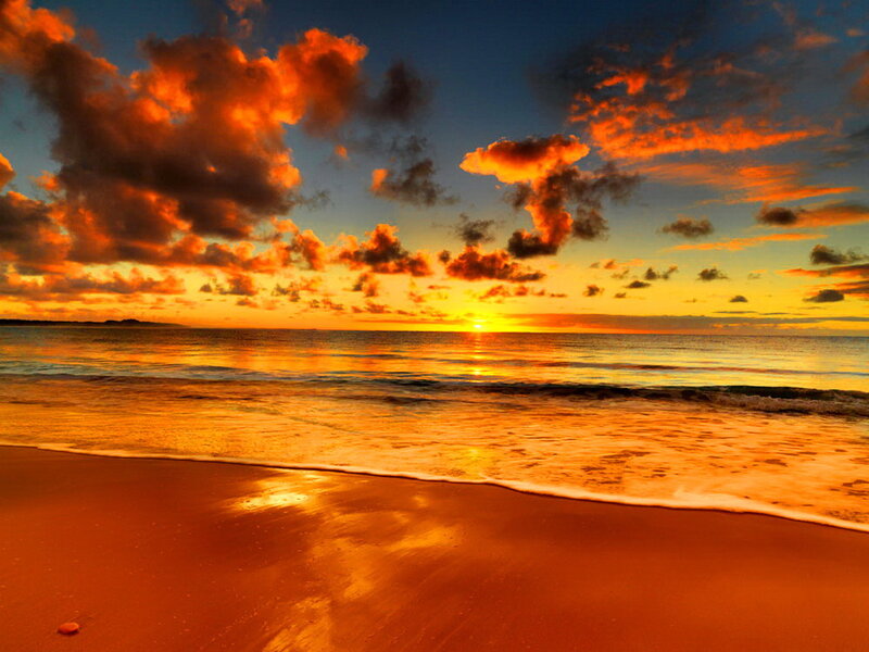 Sunset over Ocean Beach — Orange, Dramatic, Photograph, Clouds, Sand, Waves