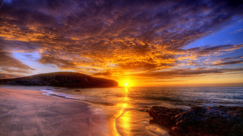 Sunset over Ocean Beach — Orange, Dramatic, Photograph, Clouds, Sea, Rock