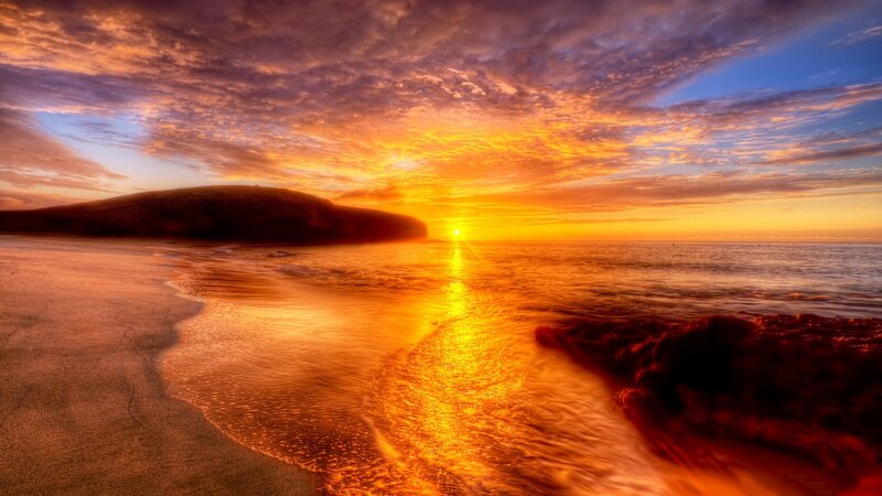 Sunset over Ocean Beach — Orange, Dramatic, Photograph, Clouds, Sea, Sand, Rock