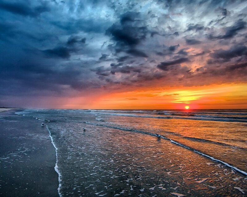 Sunset over Ocean Beach — Orange, Dramatic, Photograph, Clouds, Sun