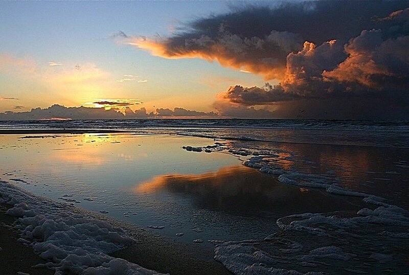 Sunset over Ocean Beach — Orange, Dramatic, Photograph, Clouds, Waves