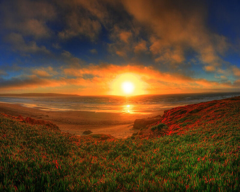 Sunset over Ocean Beach — Orange, Dramatic, Photograph, Grass