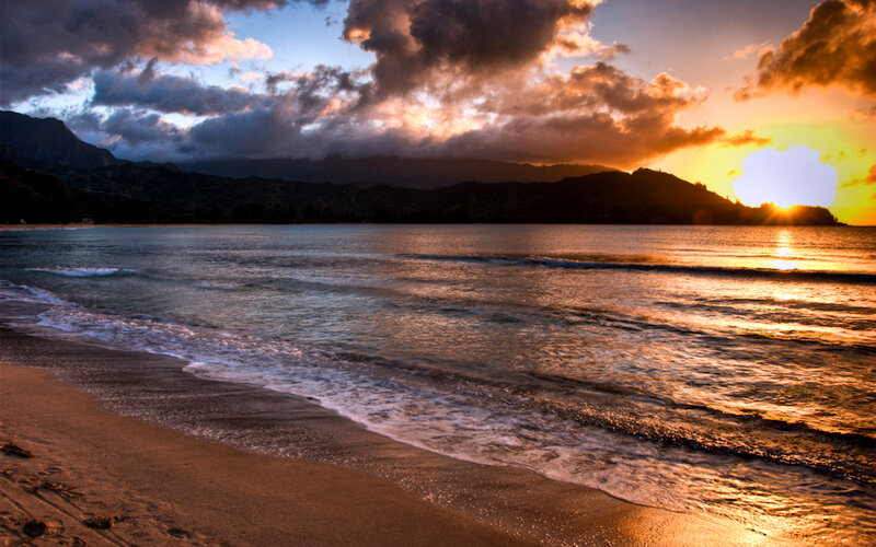 Sunset over Ocean Beach — Orange, Dramatic, Photograph, Mountains