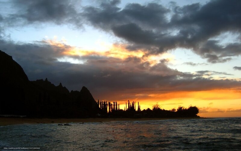 Sunset over Ocean Beach — Orange, Dramatic, Photograph, Mountains, Trees