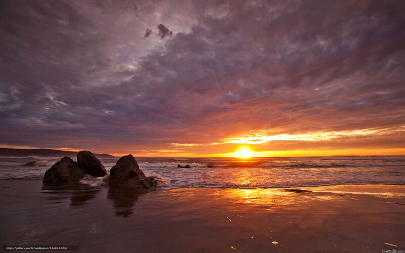 Sunset over Ocean Beach — Orange, Dramatic, Photograph, Rocks