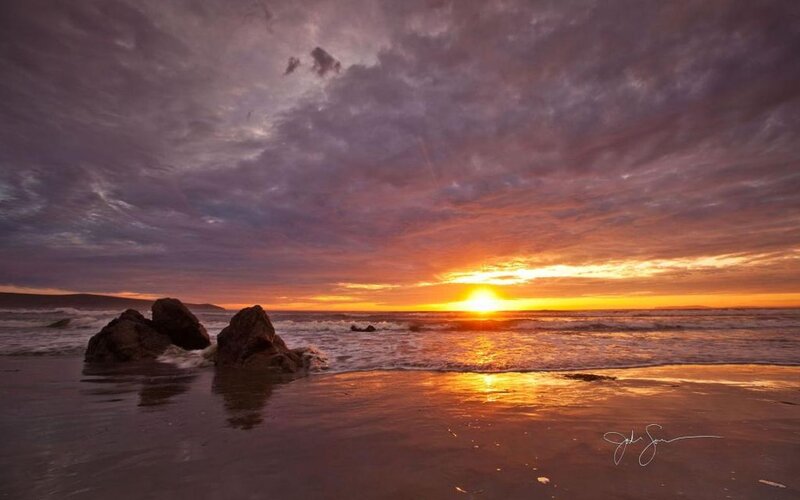 Sunset over Ocean Beach — Orange, Dramatic, Photograph, Rocks, Waves