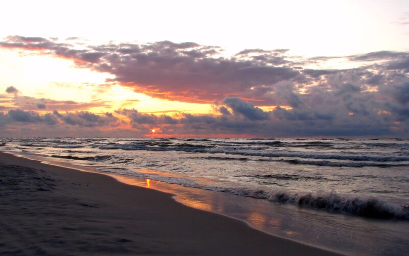 Sunset over Ocean Beach — Orange, Dramatic, Photograph, Sand, Clouds
